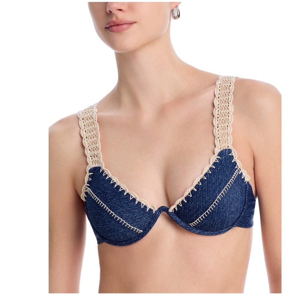 Capittana Alessia Denim Bikini Top Blue Crochet Underwire Sweetheart Small NWT